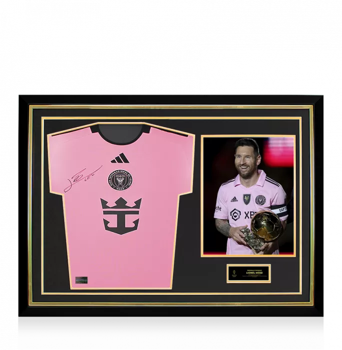 icons Lionel Messi Official Ballon d'Or™ Front Signed and Hero Framed Inter Miami CF 2024-25 Home Shirt