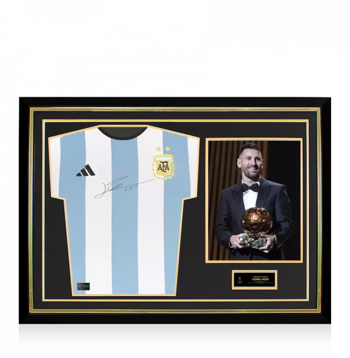 icons Lionel Messi Official Ballon d'Or™ Front Signed and Hero Framed Argentina 2022 Home Shirt - 2 Star Edition