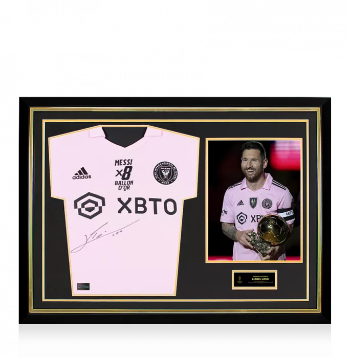 icons Lionel Messi Official Ballon d'Or™ Front Signed and Hero Framed Inter Miami CF 2022-23 Home Shirt: 8x Ballon d'Or Edition