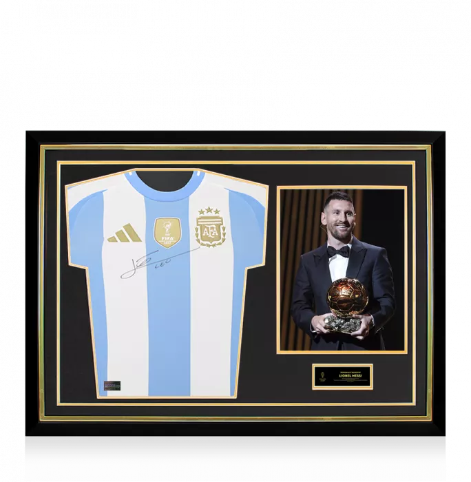 icons Lionel Messi Official Ballon d'Or™ Front Signed and Hero Framed Argentina 2024-25 Home Shirt