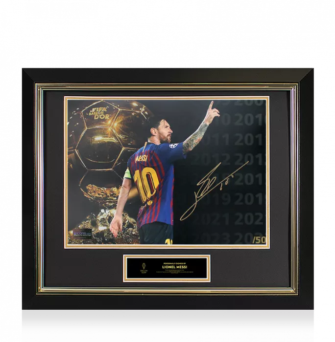 icons Lionel Messi Official Ballon d'Or™ Signed and Framed Montage Photo: Limited Edition