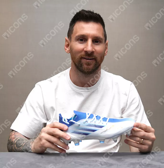 Icons Lionel Messi Official Blue And White Adidas Mens X Speedflow.1 SG Boot In Photo Acrylic Case: Option 1