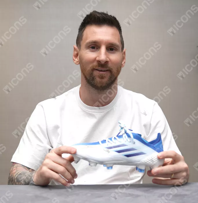 Icons Lionel Messi Official Blue And White Adidas Mens X Speedflow.1 SG Boot In Photo Acrylic Case: Option 1
