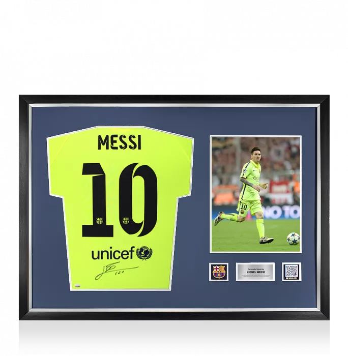 icons Lionel Messi Official FC Barcelona Back Signed and Framed 2014-15 Third Shirt