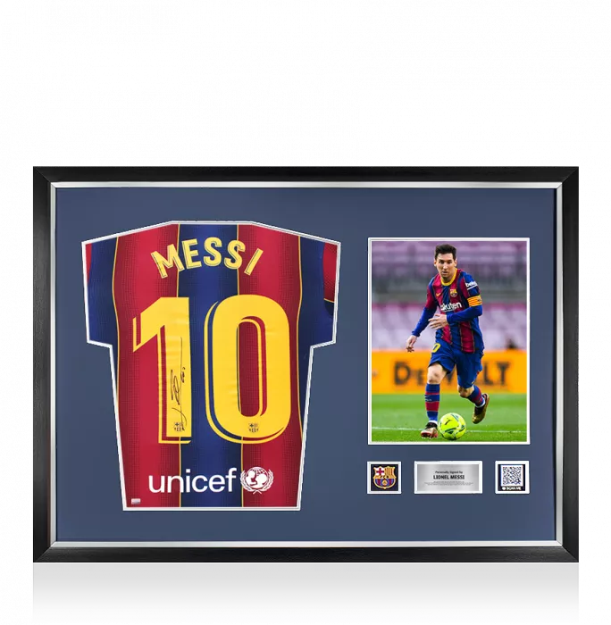 icons Lionel Messi Official FC Barcelona Back Signed and Framed 2020-21 Home Shirt