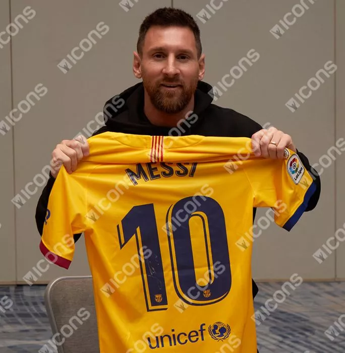 Icons Lionel Messi Official FC Barcelona Back Signed And Framed 2019-20 Away Shirt: Signed In Silver