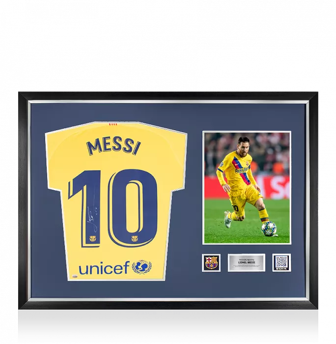 icons Lionel Messi Official FC Barcelona Back Signed and Framed 2019-20 Away Shirt: Signed In Silver