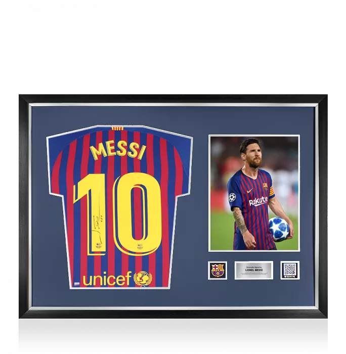 icons Lionel Messi Official FC Barcelona Back Signed and Framed 2018-19 Home Shirt