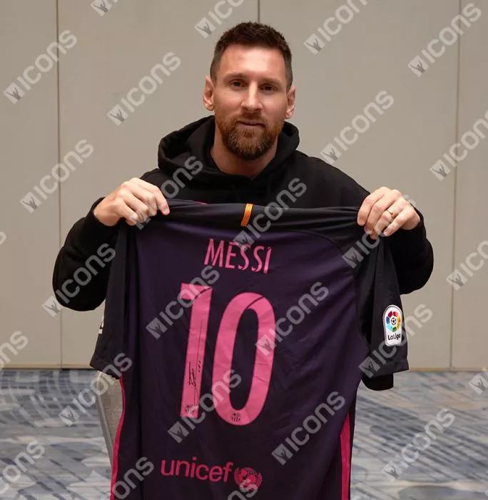 Icons Lionel Messi Official FC Barcelona Back Signed And Framed 2016-17 Away Shirt