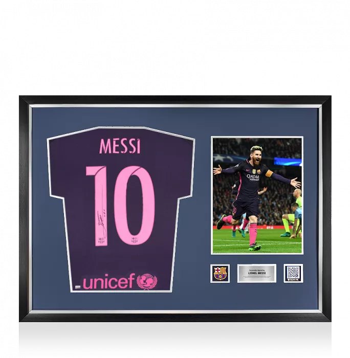 icons Lionel Messi Official FC Barcelona Back Signed and Framed 2016-17 Away Shirt