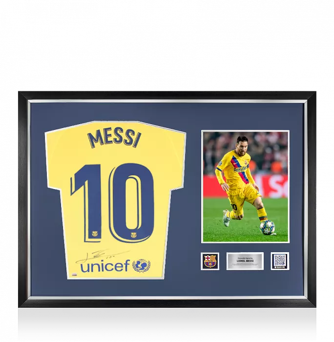 icons Lionel Messi Official FC Barcelona Back Signed and Framed 2019-20 Away Shirt: Signed Under Number