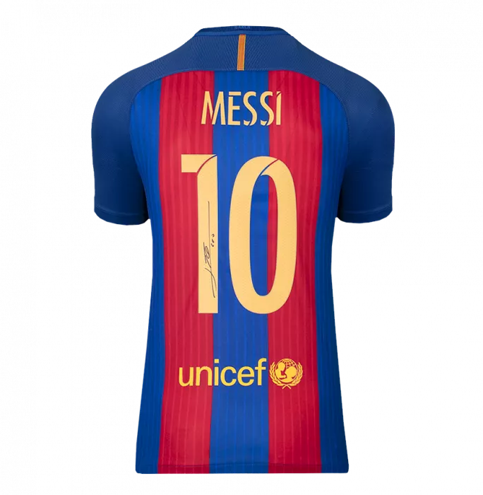 Icons Lionel Messi Official FC Barcelona Back Signed And Framed 2016-17 Home Shirt With Fan Style Numbers
