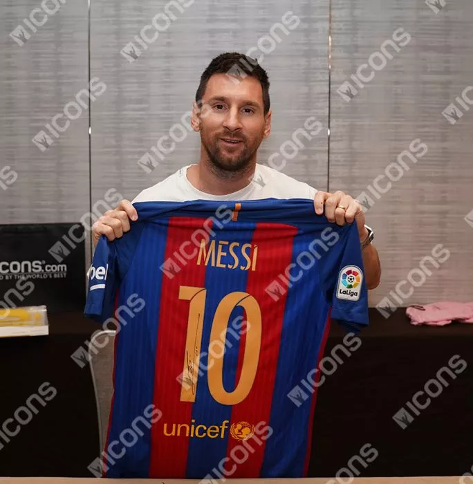 Icons Lionel Messi Official FC Barcelona Back Signed And Framed 2016-17 Home Shirt With Fan Style Numbers