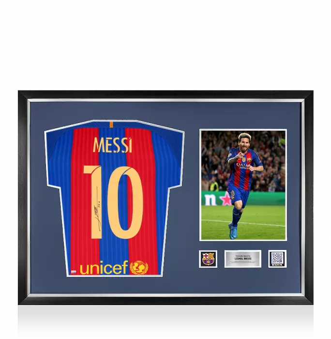 icons Lionel Messi Official FC Barcelona Back Signed and Framed 2016-17 Home Shirt with Fan Style Numbers