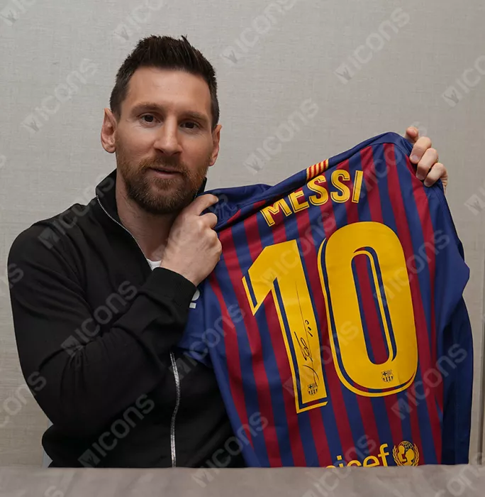 Icons Lionel Messi Official FC Barcelona Back Signed And Framed 2018-19 Home Shirt