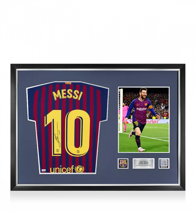 icons Lionel Messi Official FC Barcelona Back Signed and Framed 2018-19 Home Shirt