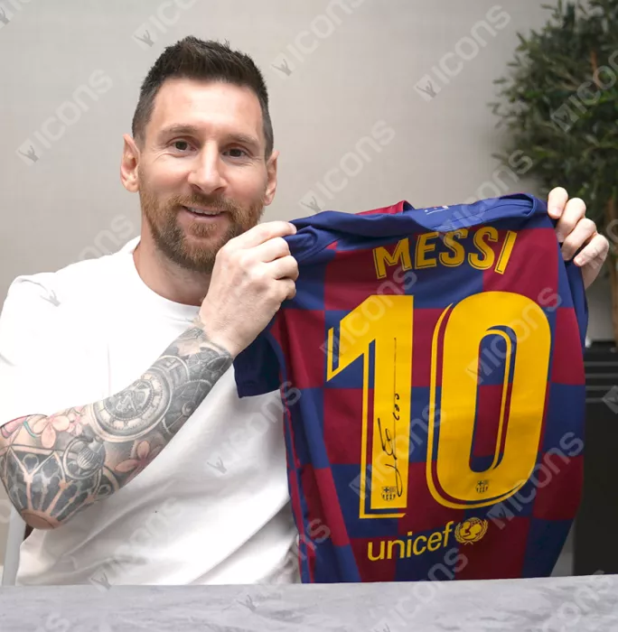 Icons Lionel Messi Official FC Barcelona Back Signed And Framed 2019-20 Home Shirt
