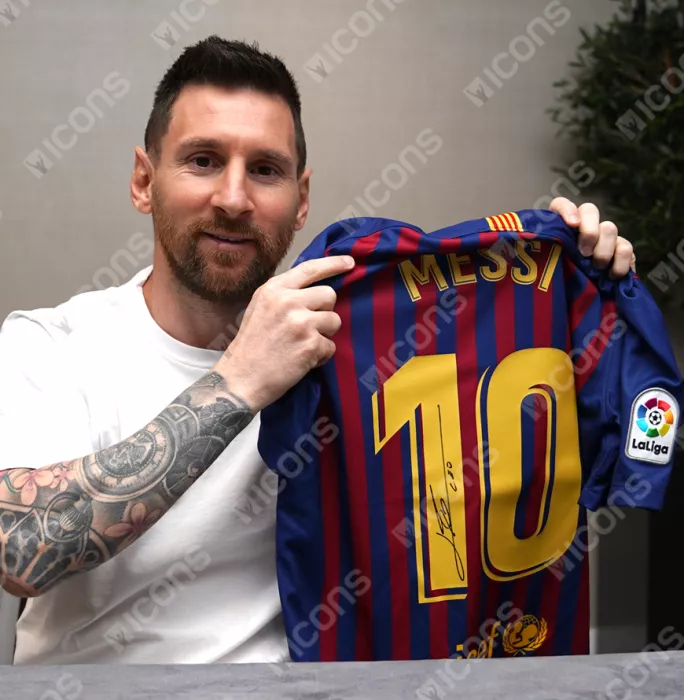 Icons Lionel Messi Official FC Barcelona Back Signed And Framed 2018-19 Home Shirt With Fan Style Numbers