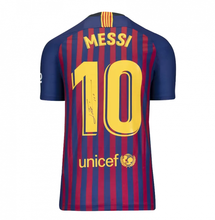 Icons Lionel Messi Official FC Barcelona Back Signed And Framed 2018-19 Home Shirt With Fan Style Numbers