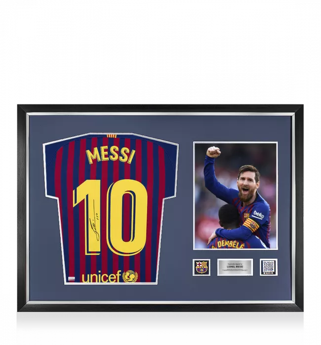 icons Lionel Messi Official FC Barcelona Back Signed and Framed 2018-19 Home Shirt With Fan Style Numbers