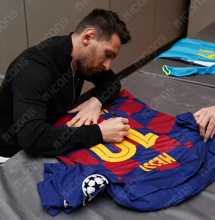 Icons Lionel Messi Official FC Barcelona Back Signed And Framed 2019-20 Home Shirt: UCL Edition