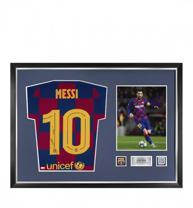 icons Lionel Messi Official FC Barcelona Back Signed and Framed 2019-20 Home Shirt: UCL Edition