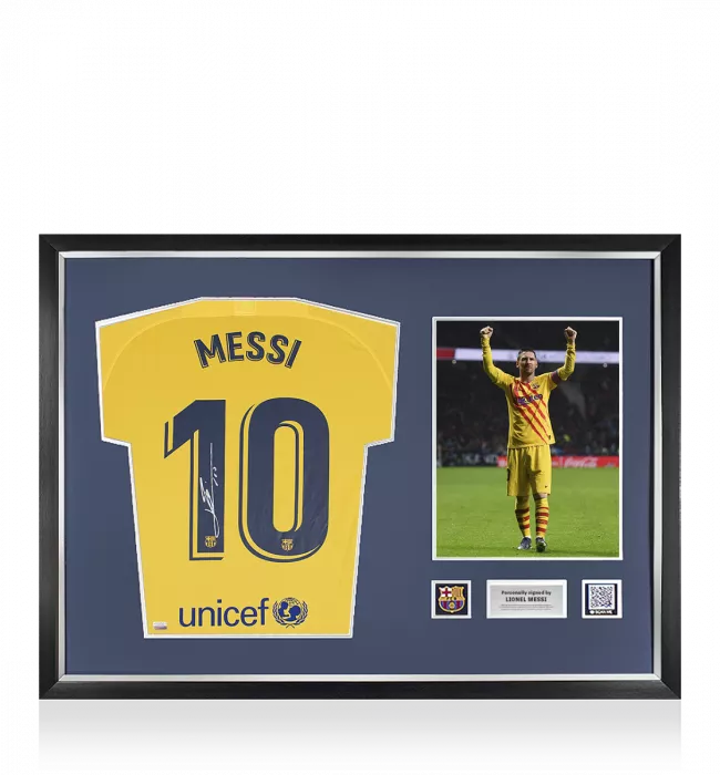 icons Lionel Messi Official FC Barcelona Back Signed and Framed 2019-20 Fourth Shirt