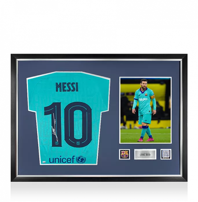 icons Lionel Messi Official FC Barcelona Back Signed and Framed 2019-20 Third Shirt