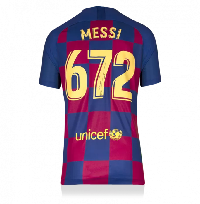Icons Lionel Messi Official FC Barcelona Back Signed And Framed 2019-20 Home Shirt: 672 Goals Edition