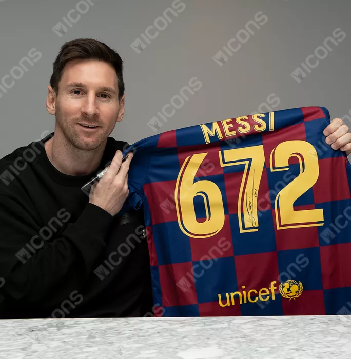 Icons Lionel Messi Official FC Barcelona Back Signed And Framed 2019-20 Home Shirt: 672 Goals Edition