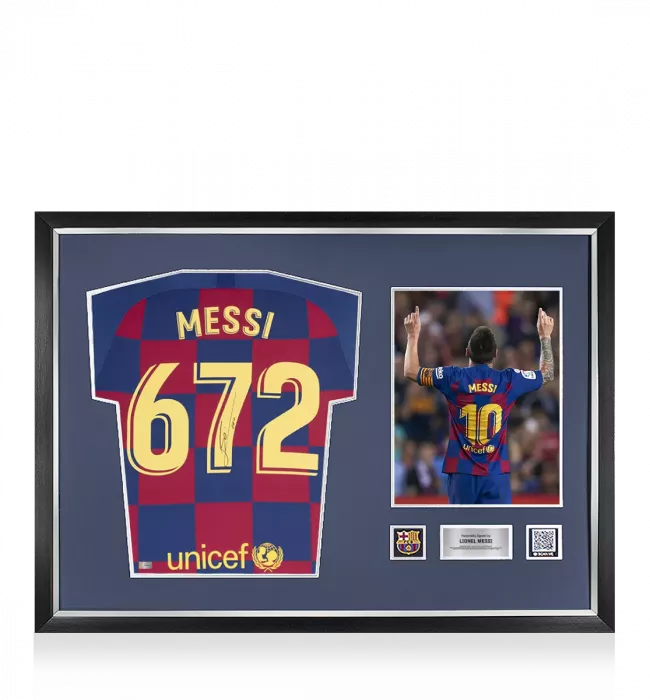 icons Lionel Messi Official FC Barcelona Back Signed and Framed 2019-20 Home Shirt: 672 Goals Edition