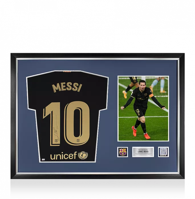 icons Lionel Messi Official FC Barcelona Back Signed and Framed 2020-21 Away Shirt