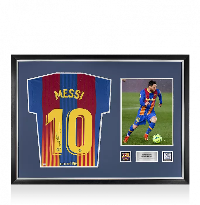 Icons Lionel Messi Official FC Barcelona Back Signed And Framed 2020-21 Home Shirt: El Clasico Limited Edition