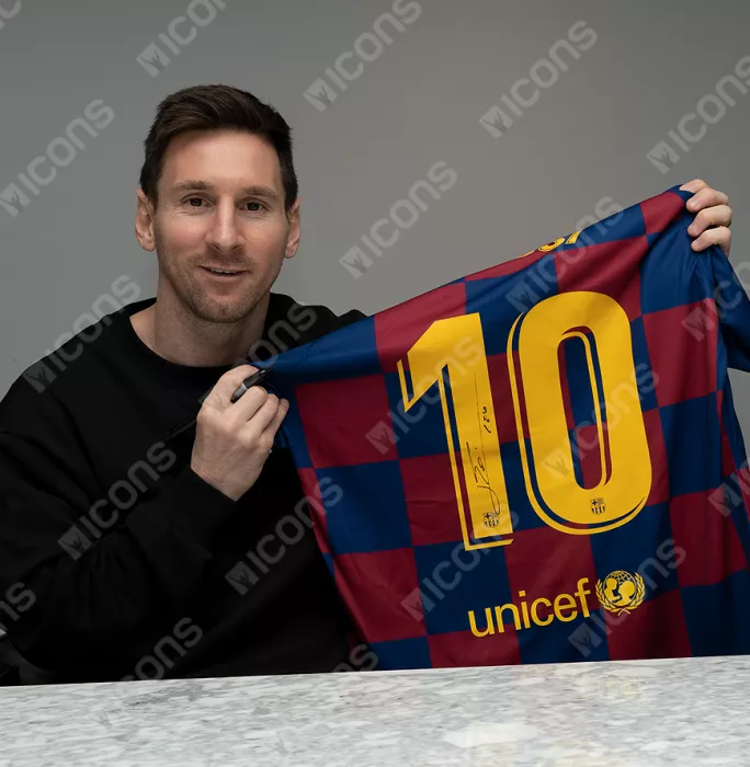 Icons Lionel Messi Official FC Barcelona Back Signed And Framed 2019-20 Home Shirt