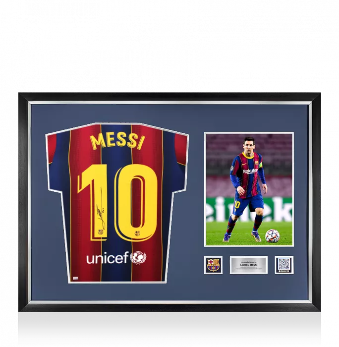icons Lionel Messi Official FC Barcelona Back Signed and Framed 2020-21 Home Shirt