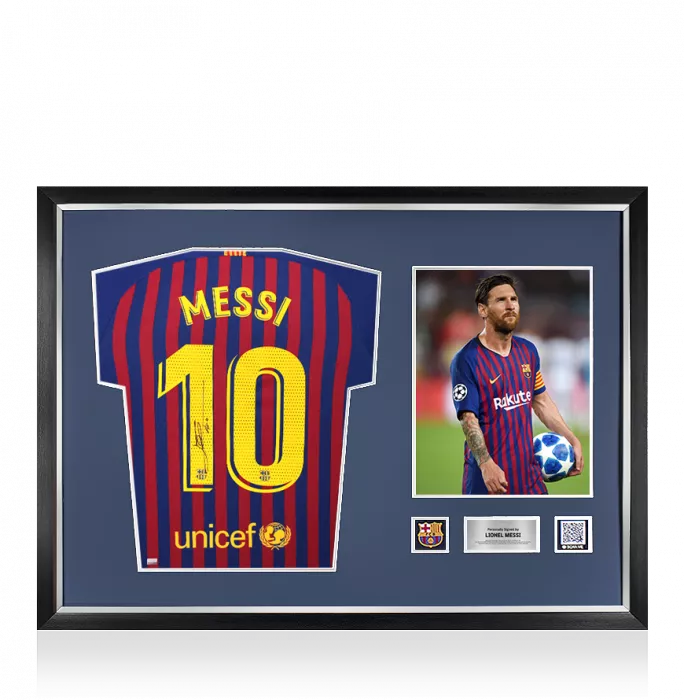 icons Lionel Messi Official FC Barcelona Back Signed and Framed 2018-19 Home Shirt