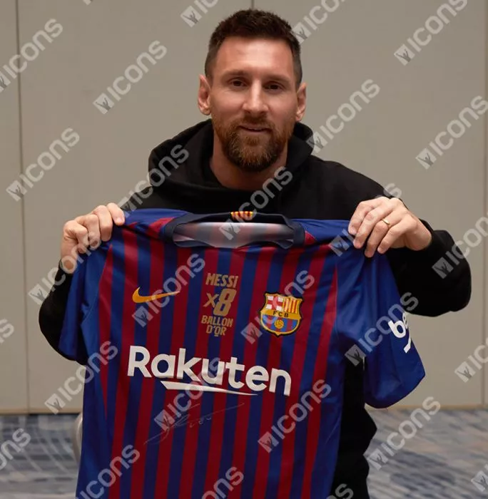 Icons Lionel Messi Official FC Barcelona Front Signed And Framed 2018-19 Home Shirt Signed In Silver: 8x Ballon D'Or Edition