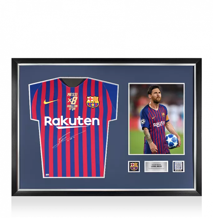 icons Lionel Messi Official FC Barcelona Front Signed and Framed 2018-19 Home Shirt Signed In Silver: 8x Ballon d'Or Edition