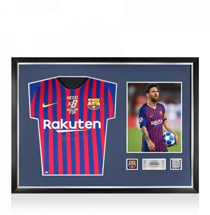 icons Lionel Messi Official FC Barcelona Front Signed and Framed 2018-19 Home Shirt Signed In Gold: 8x Ballon d'Or Edition