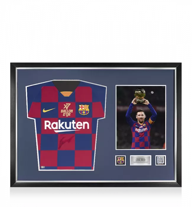 icons Lionel Messi Official FC Barcelona Front Signed and Framed 2019-20 Home Shirt: 7x Ballon d'Or Winner UCL Edition