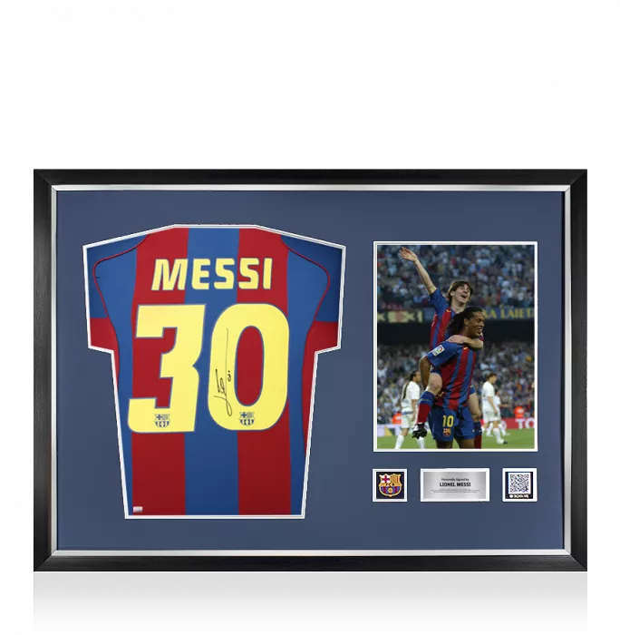 icons Lionel Messi Official FC Barcelona Official Back Signed and Framed 2004-05 Home Shirt