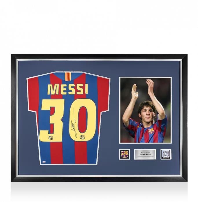 icons Lionel Messi Official FC Barcelona Official Back Signed and Framed 2005-06 Home Shirt