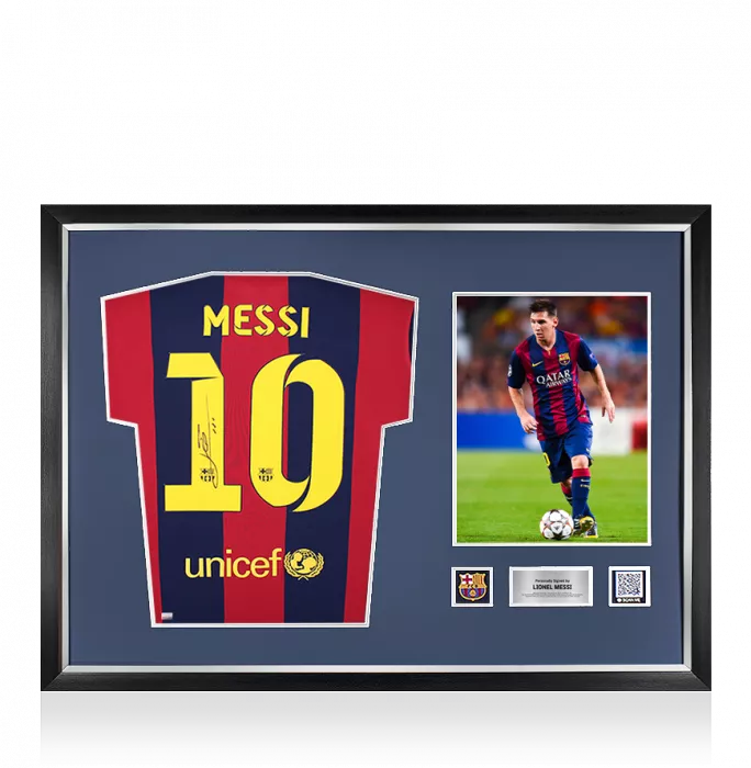 icons Lionel Messi Official FC Barcelona Official Back Signed and Framed 2014-15 Home Shirt