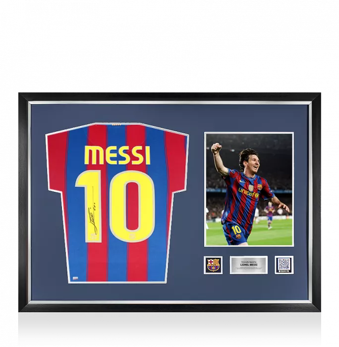 icons Lionel Messi Official FC Barcelona Official Back Signed and Framed 2009-10 Home Shirt