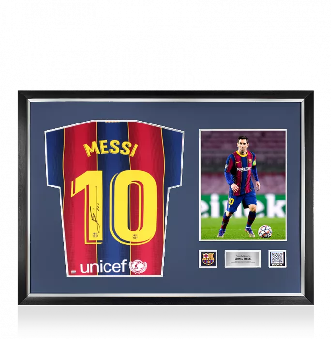 icons Lionel Messi Official FC Barcelona Official Back Signed and Framed 2020-2021 Home Shirt