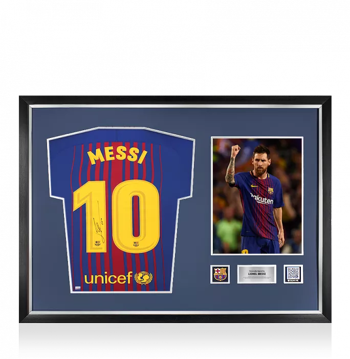 icons Lionel Messi Official FC Barcelona Official Back Signed and Framed 2017-18 Home Shirt