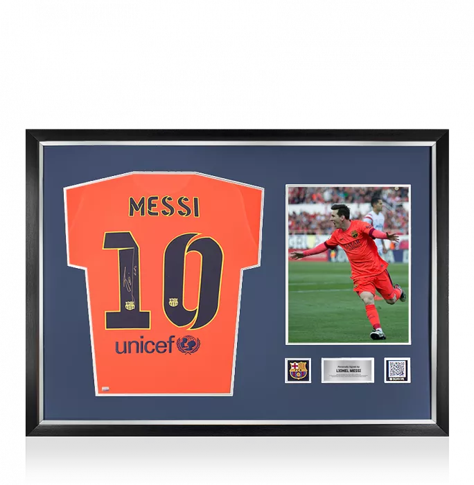 icons Lionel Messi Official FC Barcelona Official Back Signed and Framed 2014-15 Away Shirt