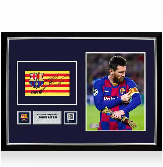 icons Lionel Messi Official FC Barcelona Signed and Framed Branded Captain's Armband
