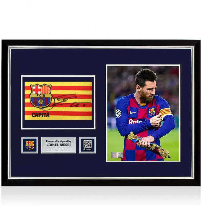 icons Lionel Messi Official FC Barcelona Signed and Framed Branded Captain's Armband