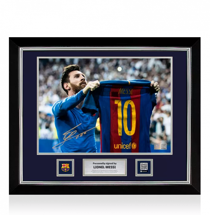 icons Lionel Messi Official FC Barcelona Signed and Framed Photo: Iconic Clasico Celebration